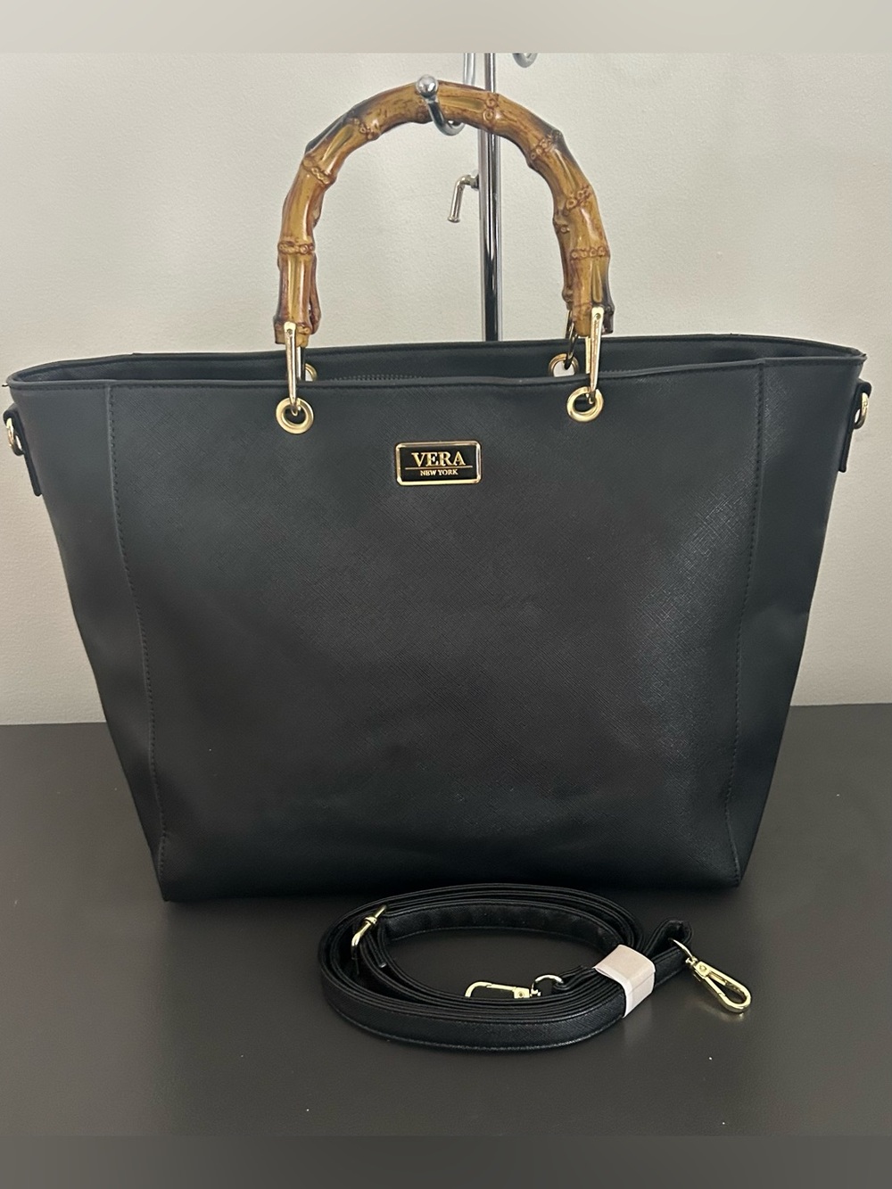 Vera New York Black Bamboo Handle Tote Crossbody Bag Gold Hardware Work Purse - Picture 3 of 14